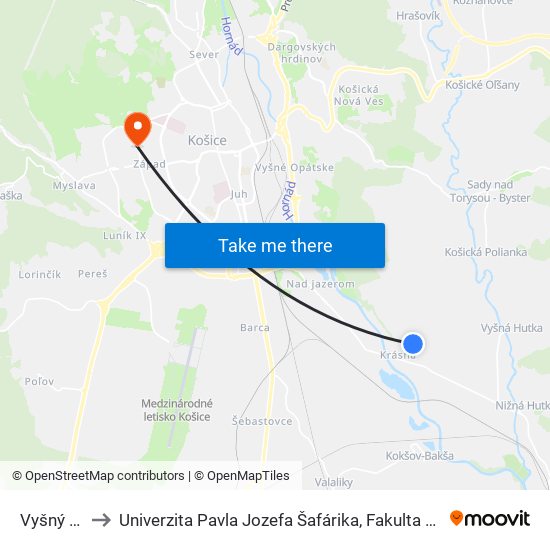 Vyšný Dvor to Univerzita Pavla Jozefa Šafárika, Fakulta Verejnej Správy map