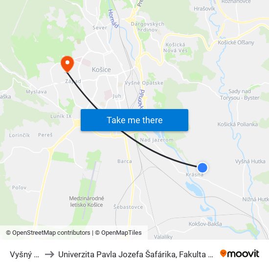 Vyšný Dvor to Univerzita Pavla Jozefa Šafárika, Fakulta Verejnej Správy map