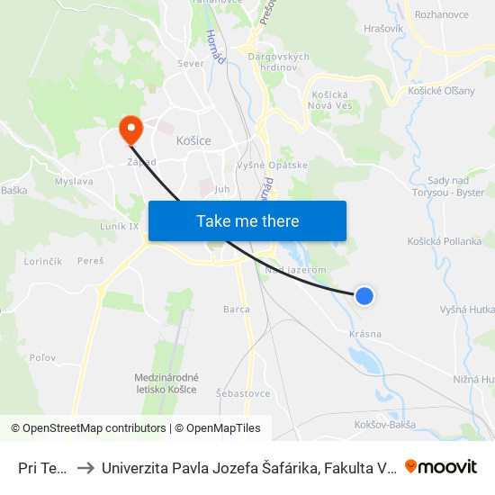 Pri Teleku to Univerzita Pavla Jozefa Šafárika, Fakulta Verejnej Správy map