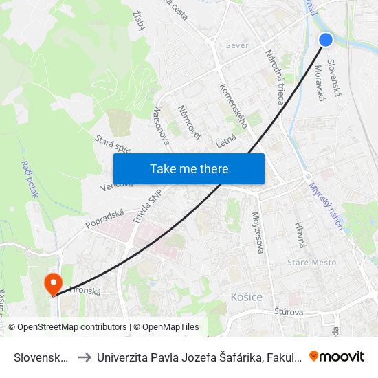 Slovenská Č. 42 to Univerzita Pavla Jozefa Šafárika, Fakulta Verejnej Správy map