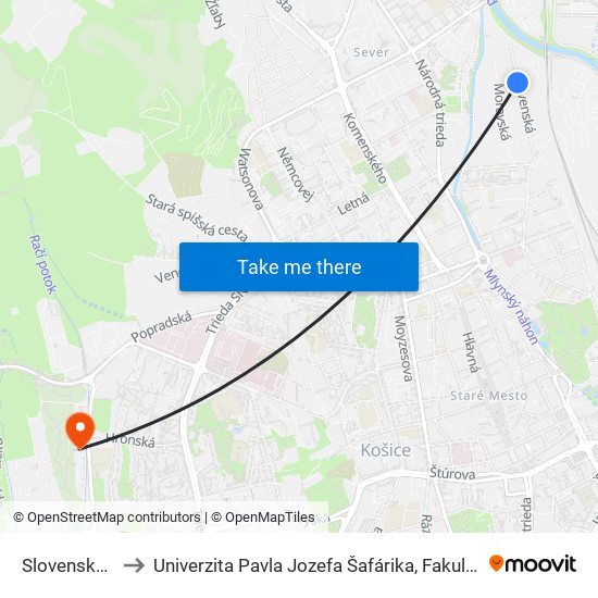 Slovenská Č. 20 to Univerzita Pavla Jozefa Šafárika, Fakulta Verejnej Správy map