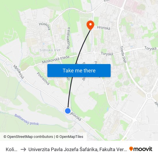 Kolibár to Univerzita Pavla Jozefa Šafárika, Fakulta Verejnej Správy map