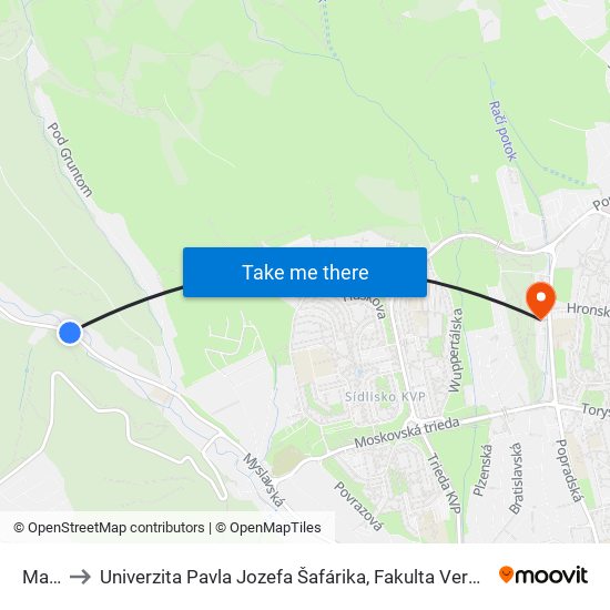 Maša to Univerzita Pavla Jozefa Šafárika, Fakulta Verejnej Správy map