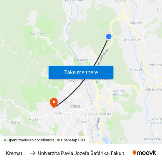 Krematórium to Univerzita Pavla Jozefa Šafárika, Fakulta Verejnej Správy map