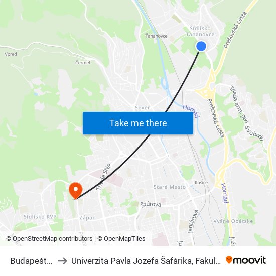 Budapeštianska to Univerzita Pavla Jozefa Šafárika, Fakulta Verejnej Správy map