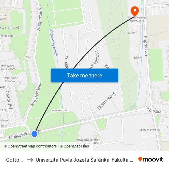 Cottbuská to Univerzita Pavla Jozefa Šafárika, Fakulta Verejnej Správy map