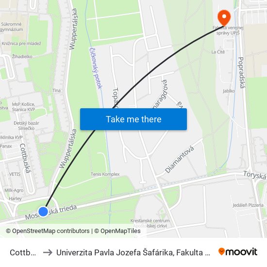 Cottbuská to Univerzita Pavla Jozefa Šafárika, Fakulta Verejnej Správy map