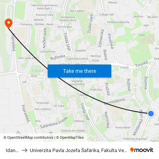 Idanska to Univerzita Pavla Jozefa Šafárika, Fakulta Verejnej Správy map