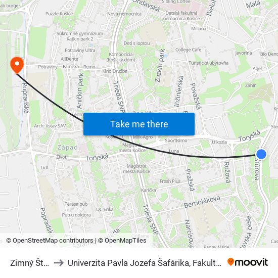 Zimný Štadión to Univerzita Pavla Jozefa Šafárika, Fakulta Verejnej Správy map