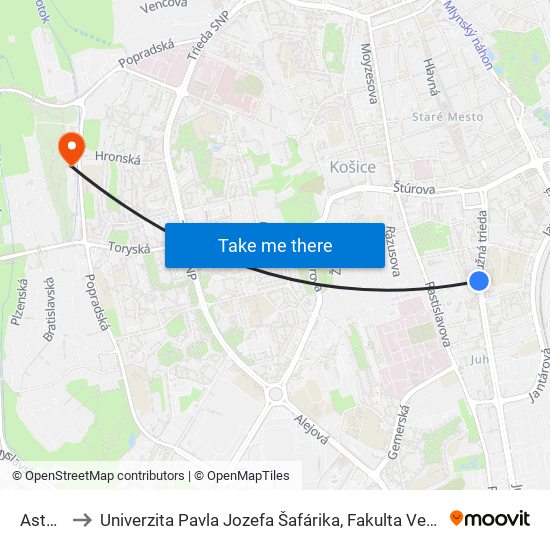 Astoria to Univerzita Pavla Jozefa Šafárika, Fakulta Verejnej Správy map