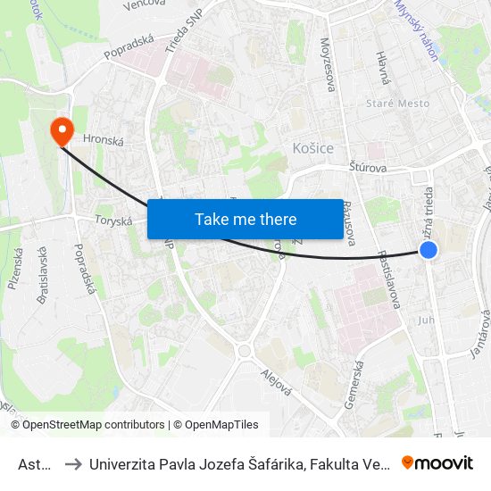 Astoria to Univerzita Pavla Jozefa Šafárika, Fakulta Verejnej Správy map