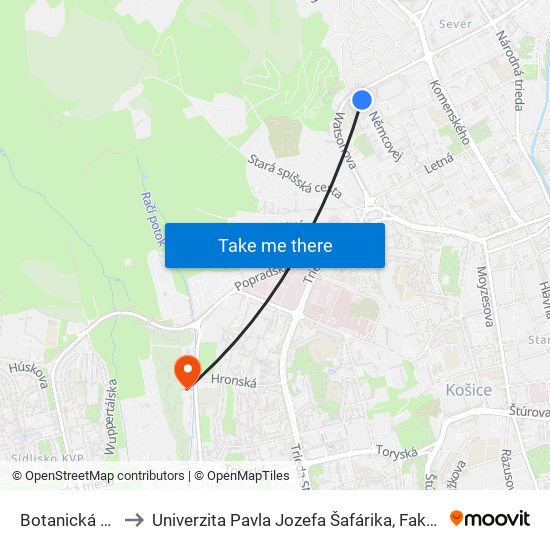 Botanická Záhrada to Univerzita Pavla Jozefa Šafárika, Fakulta Verejnej Správy map