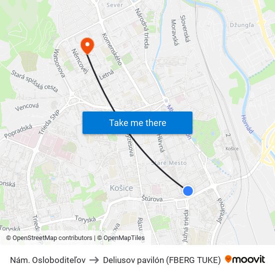 Nám. Osloboditeľov to Deliusov pavilón (FBERG TUKE) map