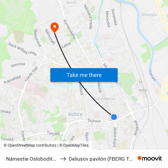 Námestie Osloboditeľov to Deliusov pavilón (FBERG TUKE) map