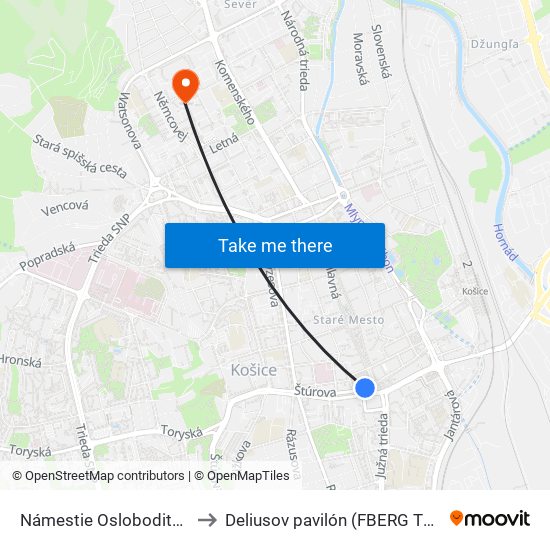 Námestie Osloboditeľov to Deliusov pavilón (FBERG TUKE) map