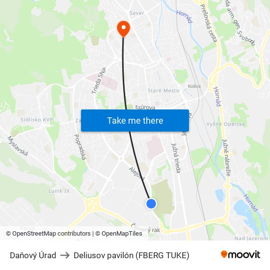 Daňový Úrad to Deliusov pavilón (FBERG TUKE) map