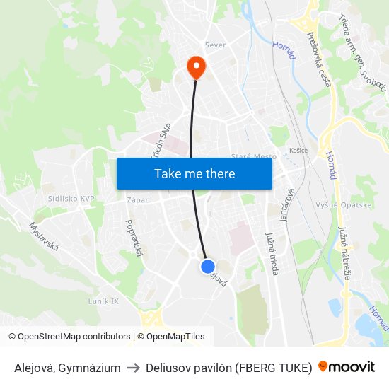 Alejová, Gymnázium to Deliusov pavilón (FBERG TUKE) map