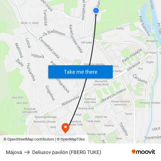 Májová to Deliusov pavilón (FBERG TUKE) map