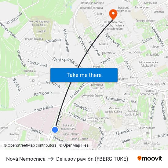 Nová Nemocnica to Deliusov pavilón (FBERG TUKE) map