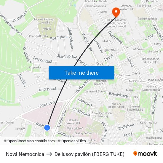 Nová Nemocnica to Deliusov pavilón (FBERG TUKE) map