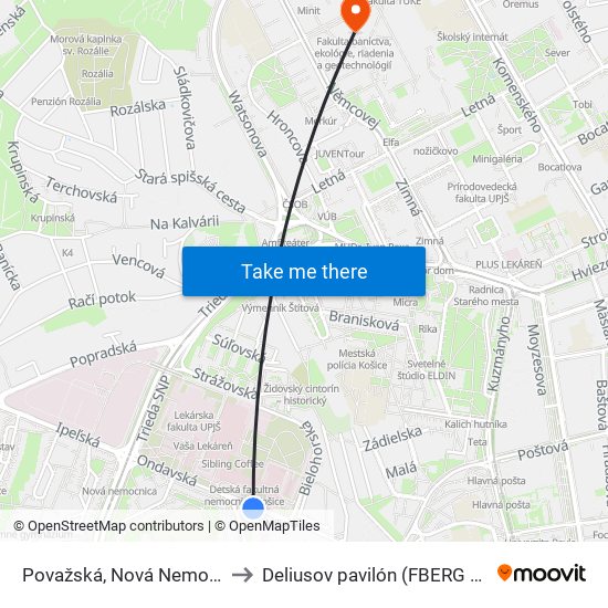 Považská, Nová Nemocnica to Deliusov pavilón (FBERG TUKE) map