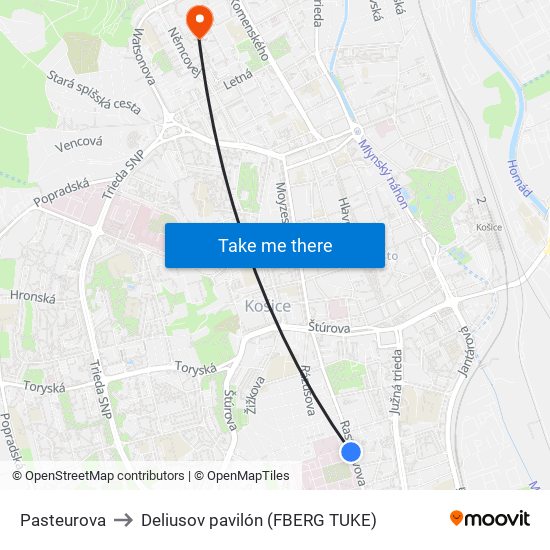 Pasteurova to Deliusov pavilón (FBERG TUKE) map