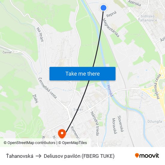 Ťahanovská to Deliusov pavilón (FBERG TUKE) map