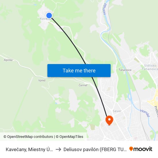 Kavečany, Miestny Úrad to Deliusov pavilón (FBERG TUKE) map