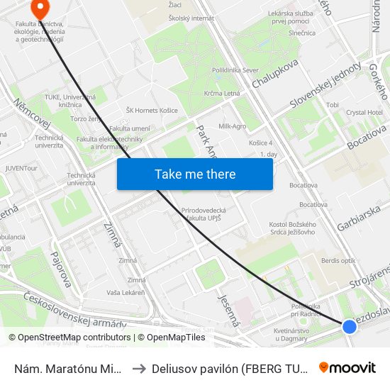 Nám. Maratónu Mieru to Deliusov pavilón (FBERG TUKE) map