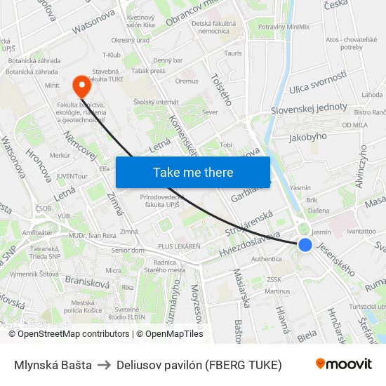 Mlynská Bašta to Deliusov pavilón (FBERG TUKE) map