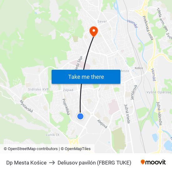 Dp Mesta Košice to Deliusov pavilón (FBERG TUKE) map