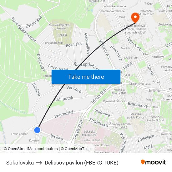 Sokolovská to Deliusov pavilón (FBERG TUKE) map