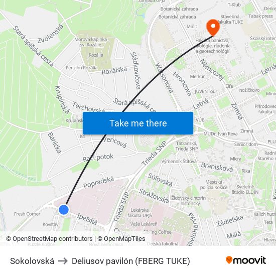 Sokolovská to Deliusov pavilón (FBERG TUKE) map