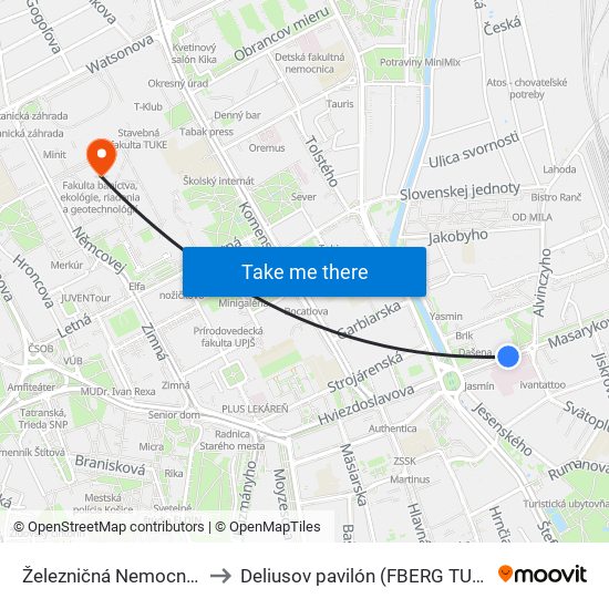 Železničná Nemocnica to Deliusov pavilón (FBERG TUKE) map