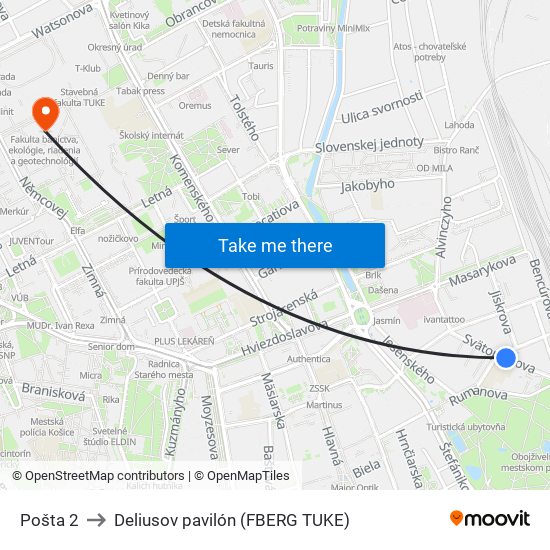 Pošta 2 to Deliusov pavilón (FBERG TUKE) map