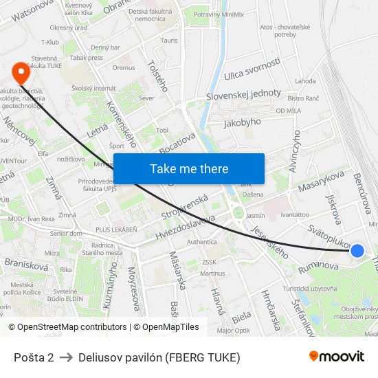 Pošta 2 to Deliusov pavilón (FBERG TUKE) map