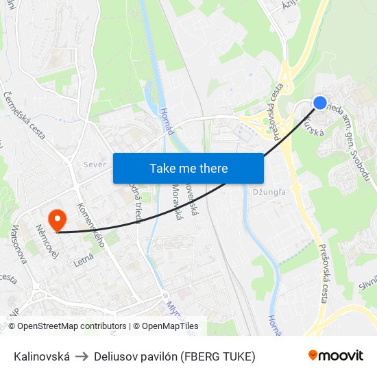 Kalinovská to Deliusov pavilón (FBERG TUKE) map