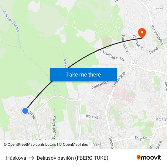 Húskova to Deliusov pavilón (FBERG TUKE) map
