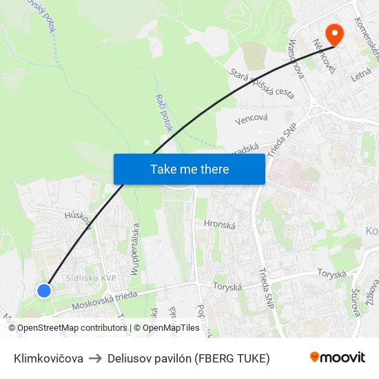 Klimkovičova to Deliusov pavilón (FBERG TUKE) map