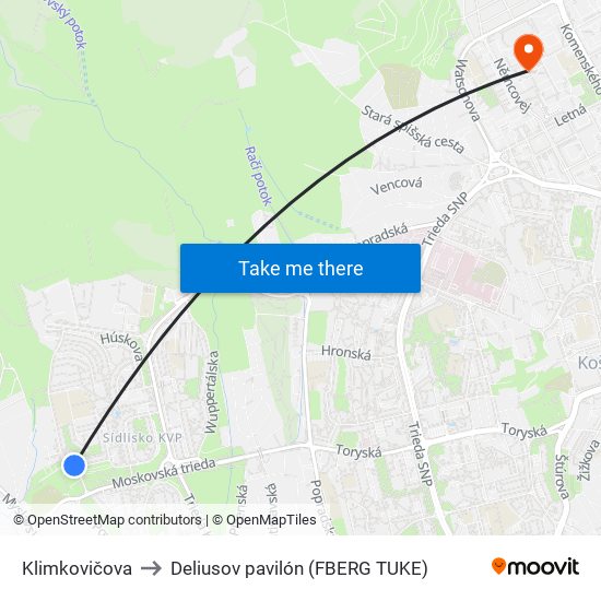 Klimkovičova to Deliusov pavilón (FBERG TUKE) map