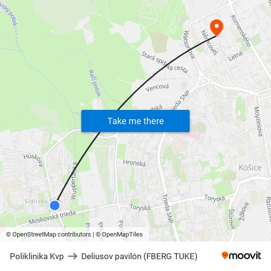 Poliklinika Kvp to Deliusov pavilón (FBERG TUKE) map