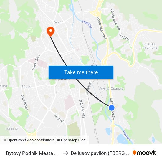 Bytový Podnik Mesta Košice to Deliusov pavilón (FBERG TUKE) map