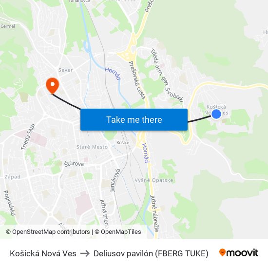 Košická Nová Ves to Deliusov pavilón (FBERG TUKE) map