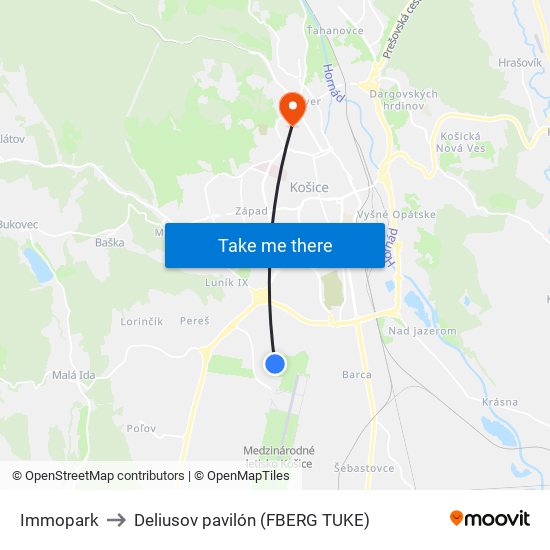 Immopark to Deliusov pavilón (FBERG TUKE) map