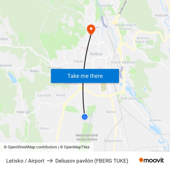Letisko / Airport to Deliusov pavilón (FBERG TUKE) map