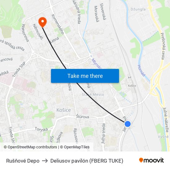 Rušňové Depo to Deliusov pavilón (FBERG TUKE) map