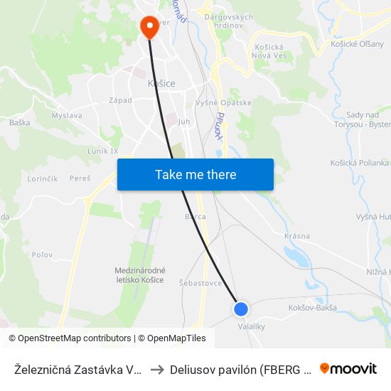 Železničná Zastávka Valaliky to Deliusov pavilón (FBERG TUKE) map