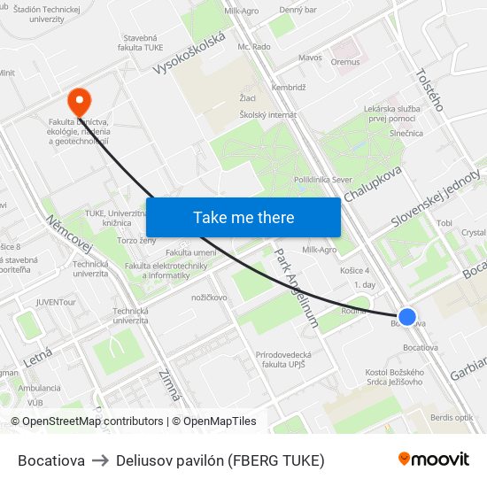 Bocatiova to Deliusov pavilón (FBERG TUKE) map