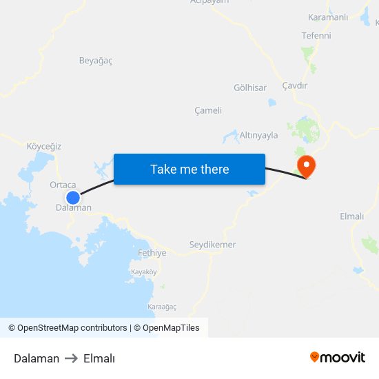 Dalaman to Elmalı map