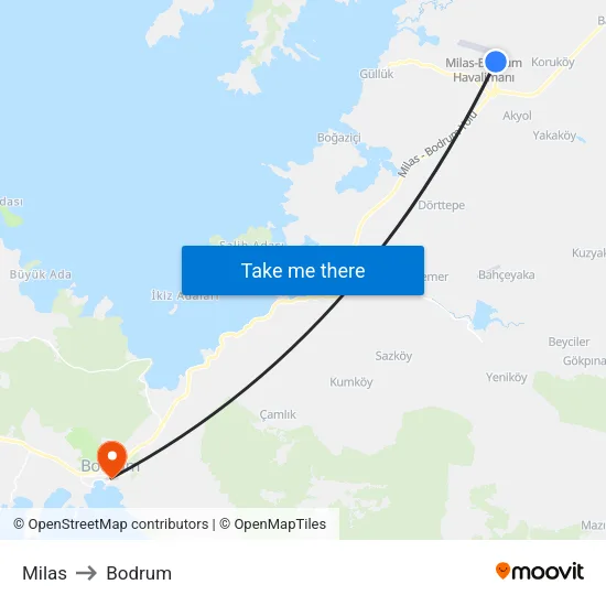 Milas to Bodrum map